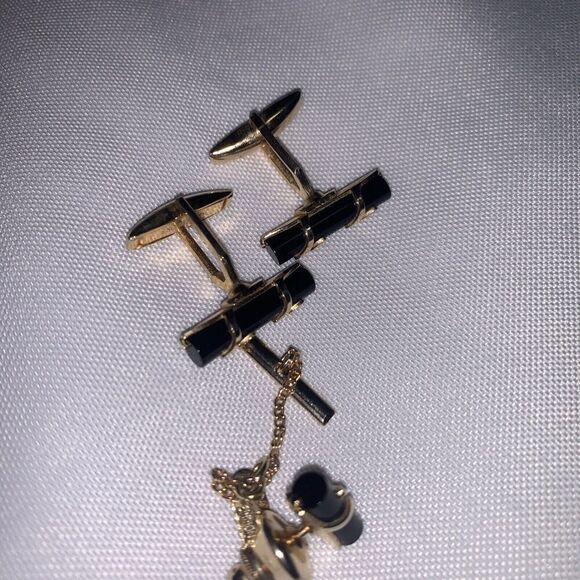 Men’s Set Of Black Bars Thin Design Quality Vintage EMMONS Cuff Links And Pin. - Picture 7 of 8